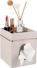 Linen Square Tissue Box Cover - Decorative Cube Tissue Box Holder with Tray, Sty