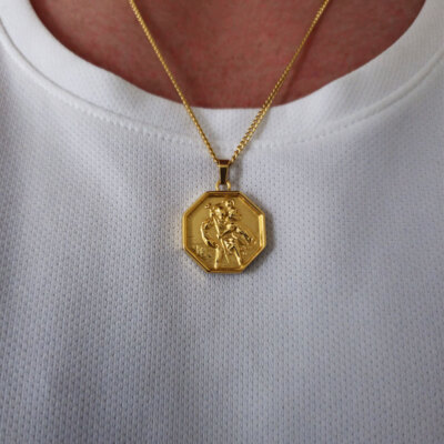Gold St Christopher Necklace, Mens Necklace, Travel Necklace, Stainless Steel