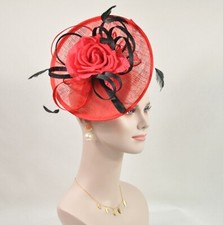 Red Silk Flower with Sinamay Fascinator Hat Kentucky Derby Wedding Tea 