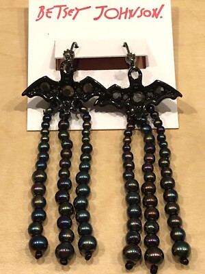 Betsey Johnson Just Treats Hematite Tone Bat Fringe Drop Earrings With  Crystals