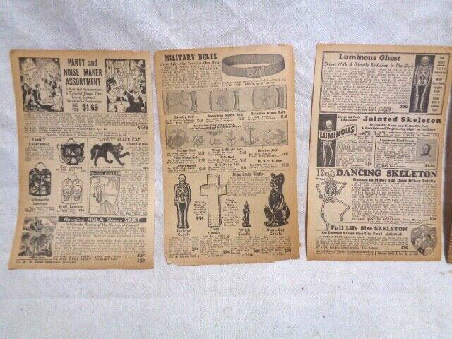 A trio of original 1942 Halloween ad pages — actual WWII-era spooky ephemera featuring black cats and skeleton candles that's genuinely eerie and frameable.