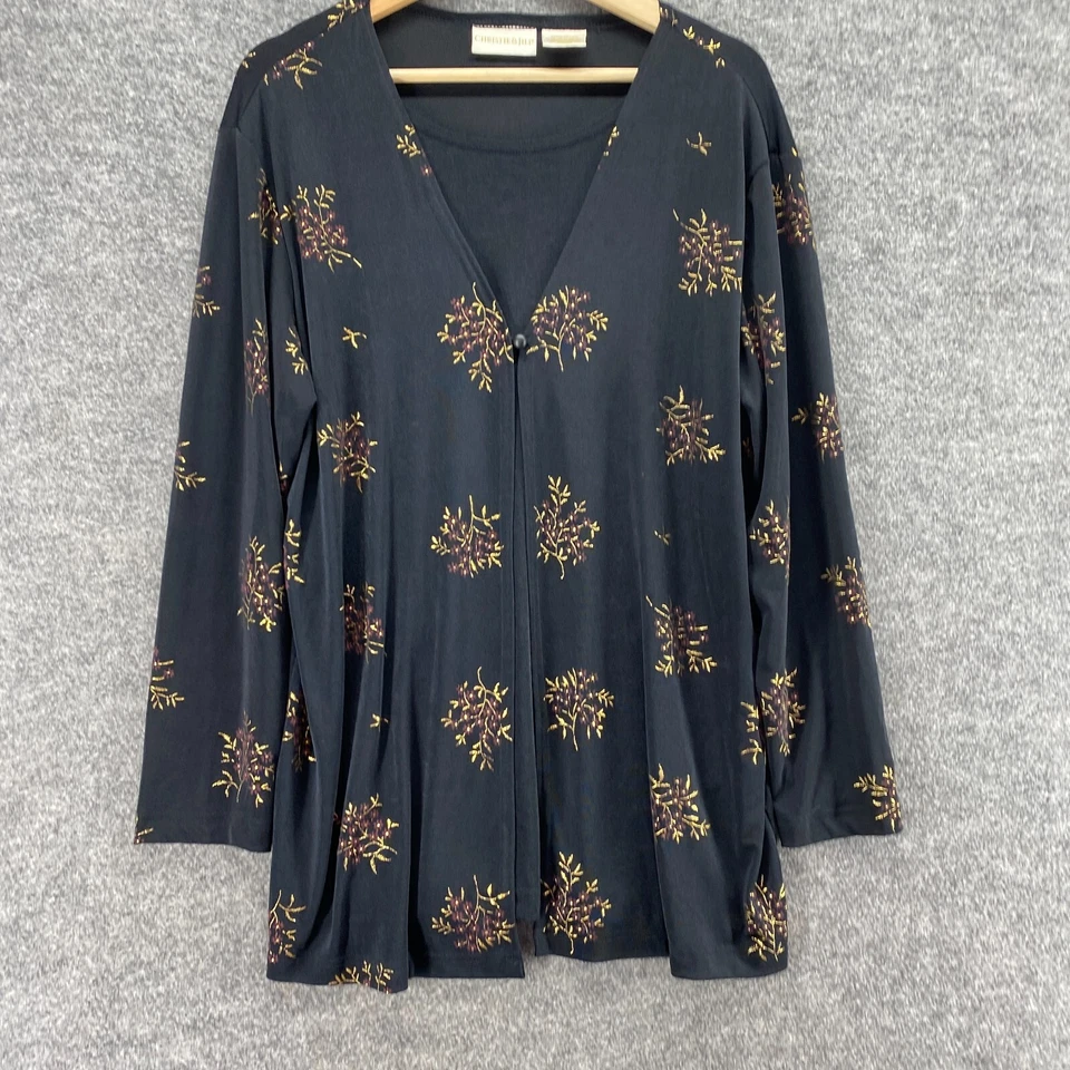 Blusa Christie & Jill Mujer L Grande Negra Floral Cuello en V Un Botón Manga Larga Foto 4 de 4