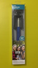 Blue Selfie Stick Bluetooth Extends 42" Cradle Smartphone Folds Shutter Button