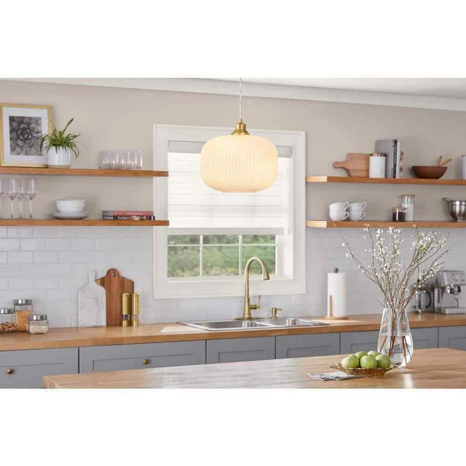 Hampton Bay Caroline Aged Brass Mini Pendant Light with Opal Etched Glass Shade  - Image 2 of 4