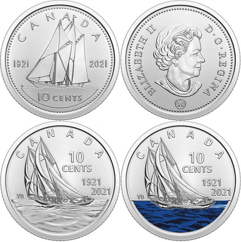 2021 BLUENOSE 100th Anniversary CANADA 10 Cent Dime Blue & No Color UNC Lot of 3