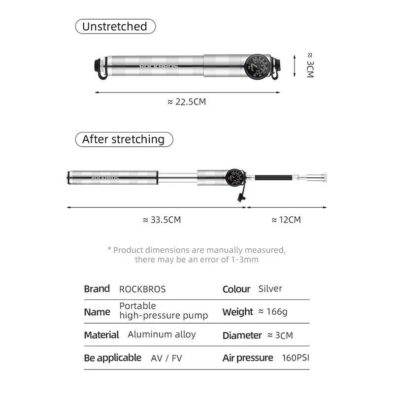Mini bomba para bicicleta ROCKBROS 160 psi bomba manual aleación de aluminio AV/FV inflador portátil  Foto 2 de 4