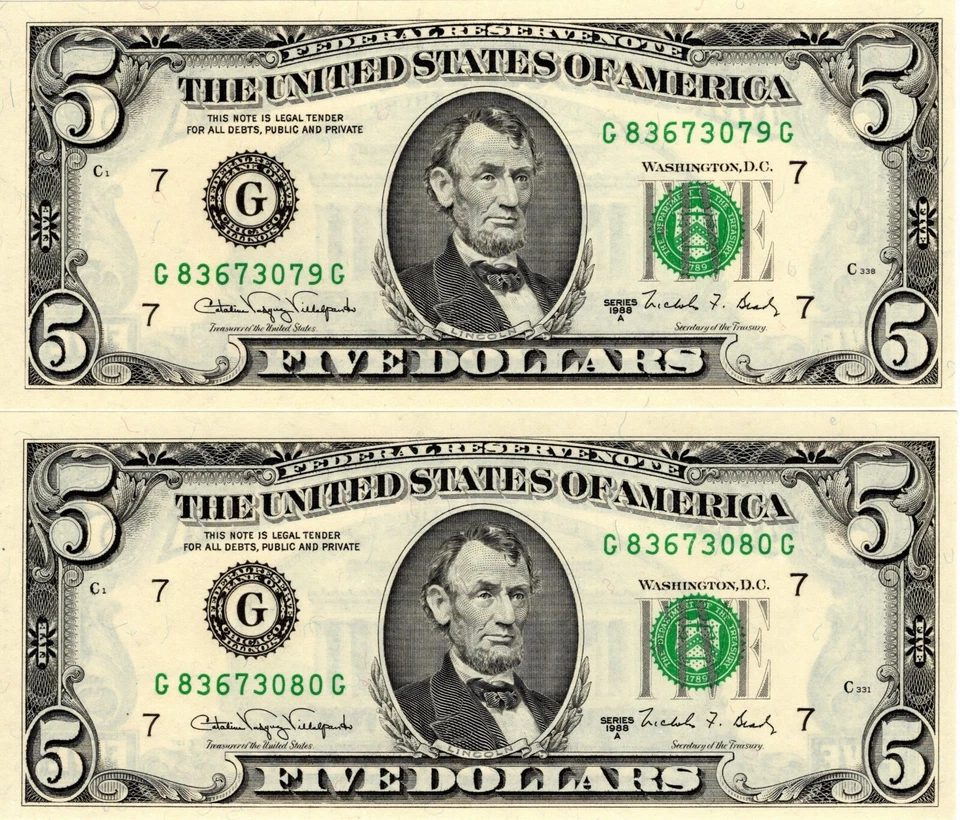 USA 1988 A $5.00 FEDERAL BANK OF CHICAGO, ILLINOIS 5 CONSECUTIVE BANK NOTES UNC - Image 4 of 4