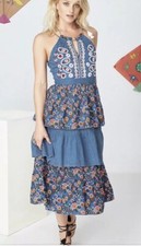 Kopal Izzy Boho Anthropologie Blue Foliage Triple Tiered Dress SZ S $330 Nwt