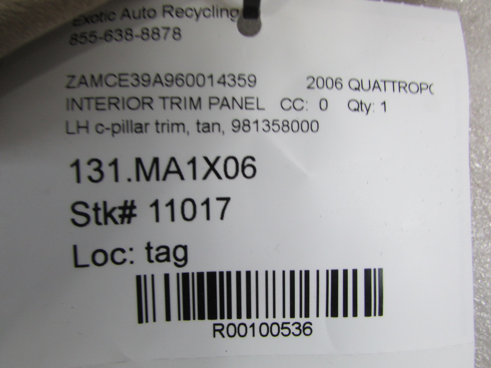 Maserati Quattroporte, LH, Left, C-Pillar Trim, Used, Tan, P/N 981358000
