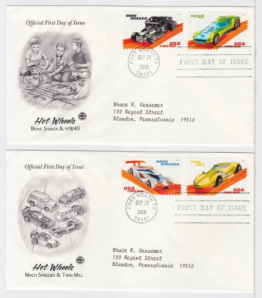 TurtlesTradingPost- Hot Wheels Cars 2018 FDC #5321-30 Artcraft Variety Set of 5 - Image 3 of 4