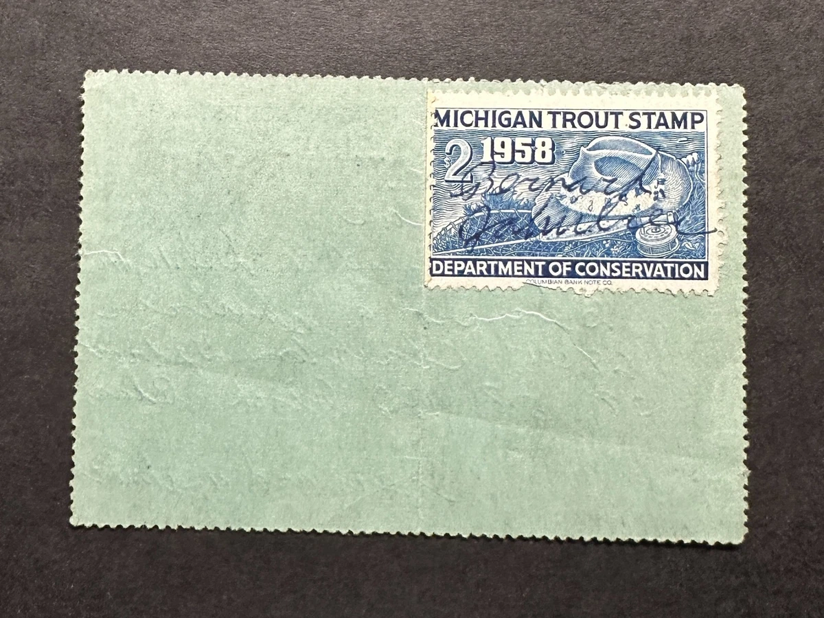 Timbre Permis De Pêche Michigan 1948 - Truite, 1$, Résident, Vintage, Utilisé