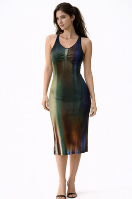 Vivienne Tam 1998 SS Runway Iridescent Oil-Slick Ombré Pleated Mesh Midi Dress