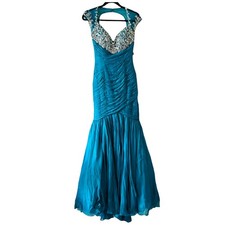 Mac Duggal Silk Teal Beaded Embellished Tulle Gown 64726 Size 4 NEW