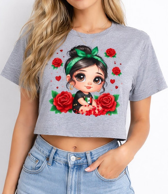 Women's Gray Frida Kahlo Graphic Print Crew Neck Cropped T-Shirt Cotton Blend M