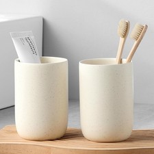Beige Toothbrush Holders for Bathrooms - 2 Cups Ceramic Toothbrush Toothpaste...