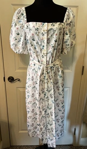 J Crew Floral Dress White Tie Front Midi Womens M Balloon Sleeve Cottage Core