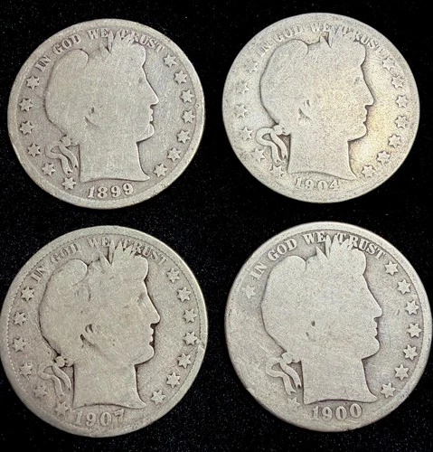 4 Coin Lot  |  1899 1900 1904 1907-O Silver Barber Half Dollars US Coins AG