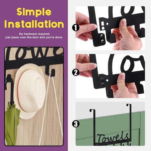 1Pcs Black Over The Door Hooks Towel Hooks, Wall Mount Towel Rack Towel Holder - Picture 6 of 7