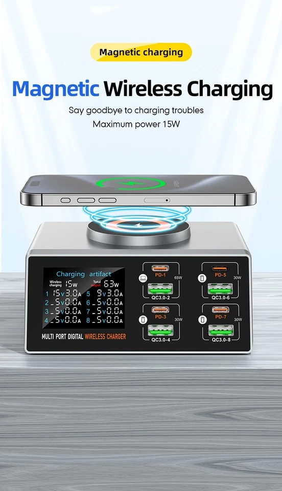 140W WirelessCharg Multifunctional 9Port Smart Fast USB Charger for Phone Tablet - Image 3 of 4