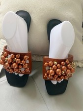 Women's Brown Gold Beaded Slide Sandals with Slip-On Straps Accent