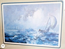 SIGNED Tom Lynch Watercolor Beyond Breakwater 27" by 21" Lake Michigan Chicago