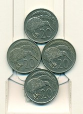 4 - 20 CENT COINS w/ KIWI BIRD from NEW ZEALAND (1967, 1976, 1977 & 1982)