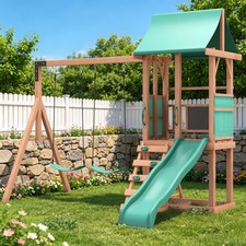 4-in-1 Cedar Swing Set: Slide, Rock Wall  Soft Cushion Swings for Backyard