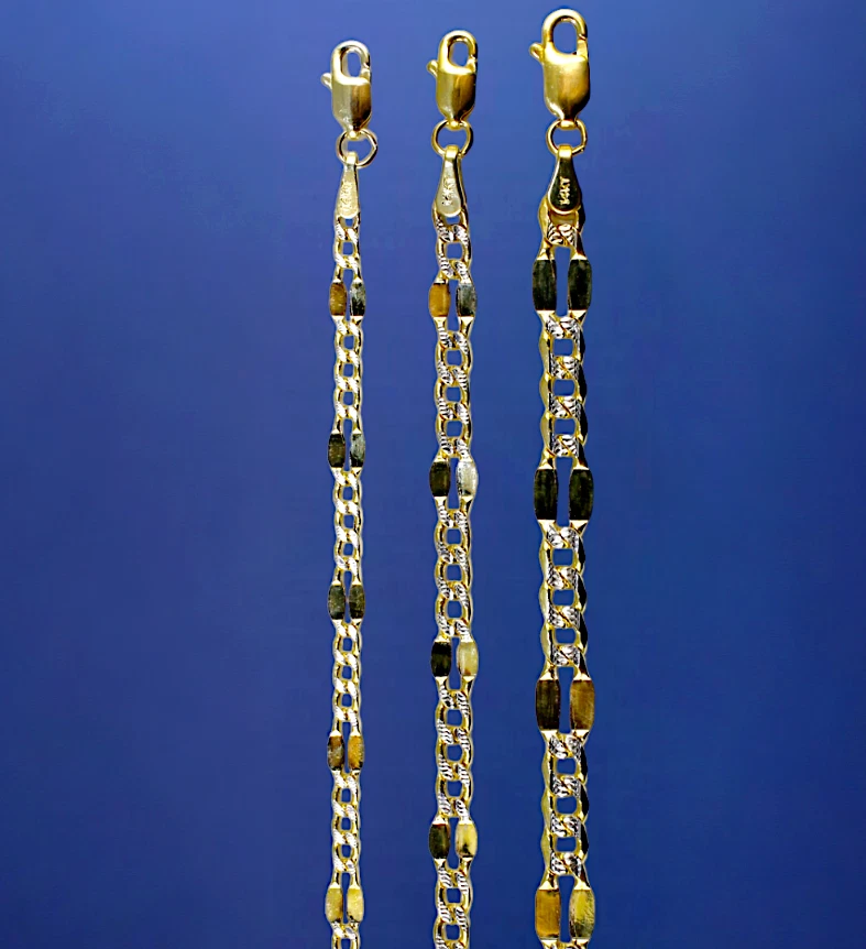 14K Yellow Gold SOLID Mirror Pave Figaro Necklace Bracelet Chain 3mm-5mm 7"-30"