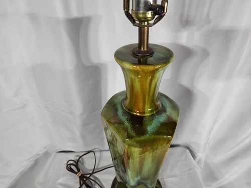 Lamp mid-century 1970's modern blue /green drip-glaze hexagonal lamp 31" MCM vtg - Picture 6 of 11