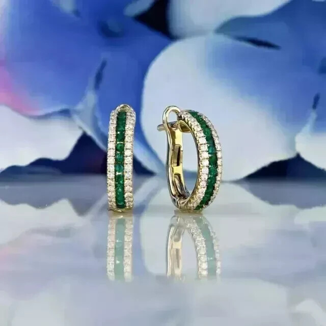 2Ct Round Green Emerald Hoop Earrings in 14K Yellow Gold Plated