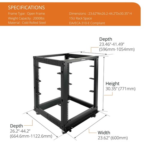 Tecmojo 15U Open Frame Server Rack,4-Post Adjustable Depth Network Rollong Rack. - Picture 3 of 8