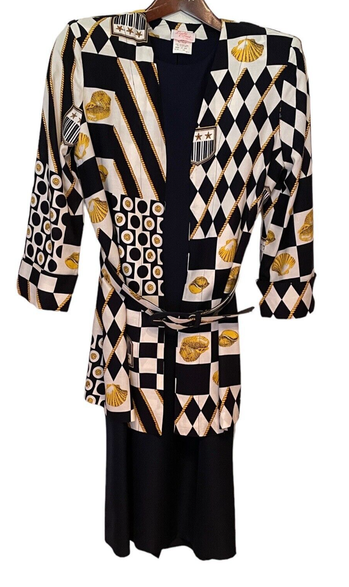 Lady Carol Of New York Two Piece Dress with Belt Vintage Navy Gold Cream  Size 10