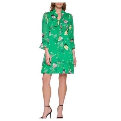 Dkny Womens Printed Tie Neck Knee Length Dress Apple Multi Size 2 NWT | eBay