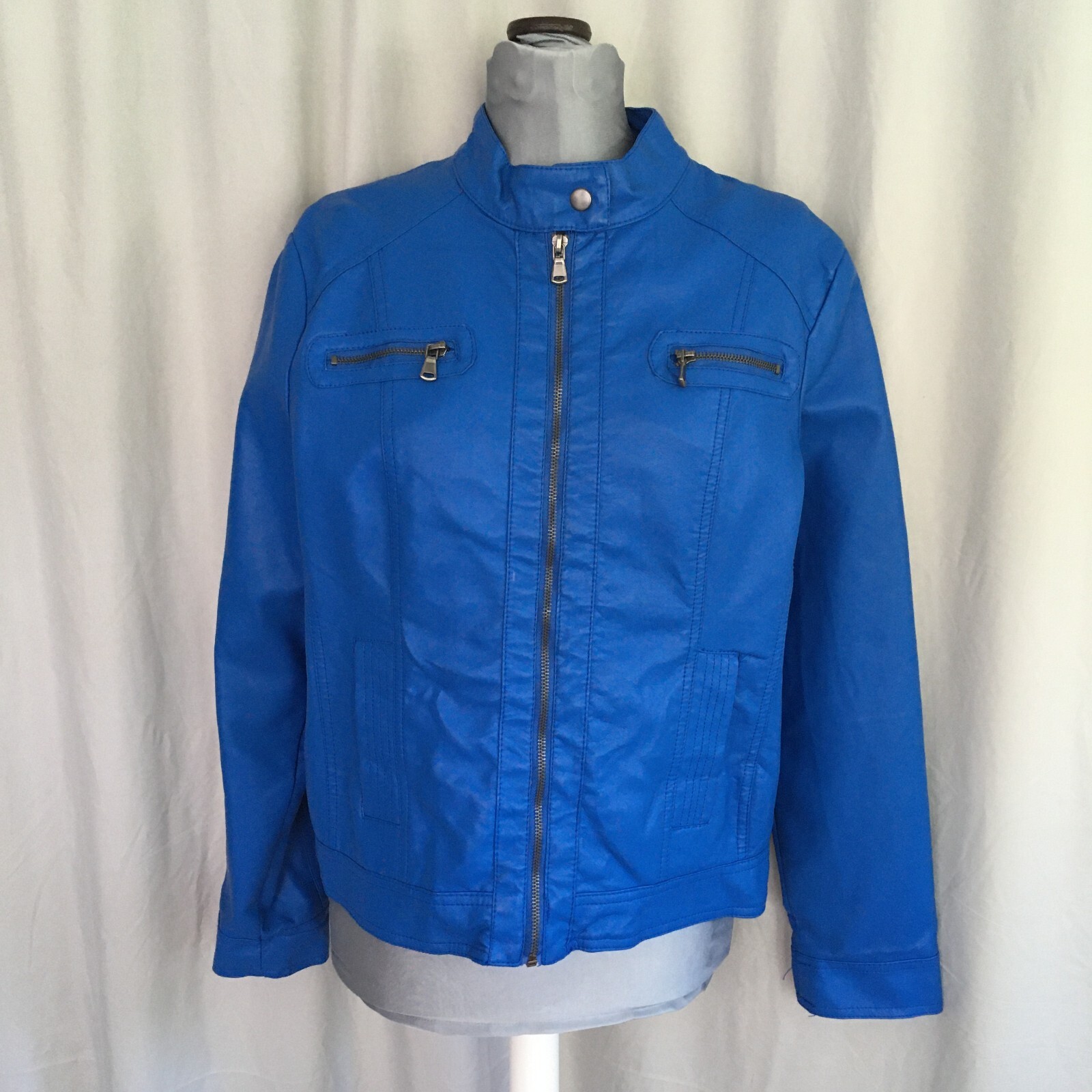 Bright blue faux leather womens motorcycle jacket, ve… Gem