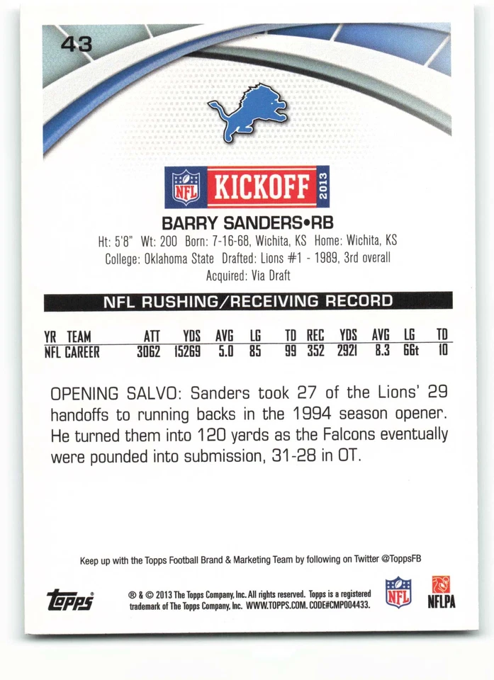2013 Topps Kickoff #43 Barry Sanders Detroit Lions Football Card NM-MT ID:34143 - Image 2 of 2