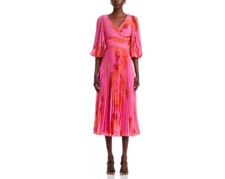 Teri Jon by Rickie Freeman Printed Chiffon Pleated Dress MSRP $710