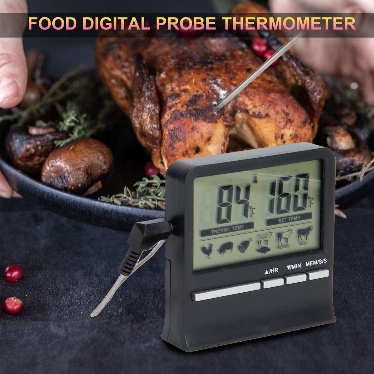 Meat Thermometer Digital Food Cooking Smoker Oven Grill Thermometer Black White-image