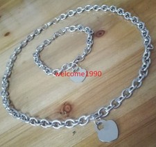 Stainless Steel Jewelry Set Sweet Heart Charm Oval Chain Necklace Bracelet Women