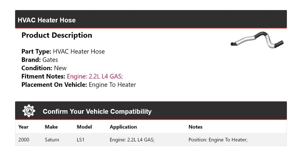 适用于 2000 Saturn LS1 2.2L L4 气体暖通空调加热器软管发动机加热器门 — 第 2/4 张图片