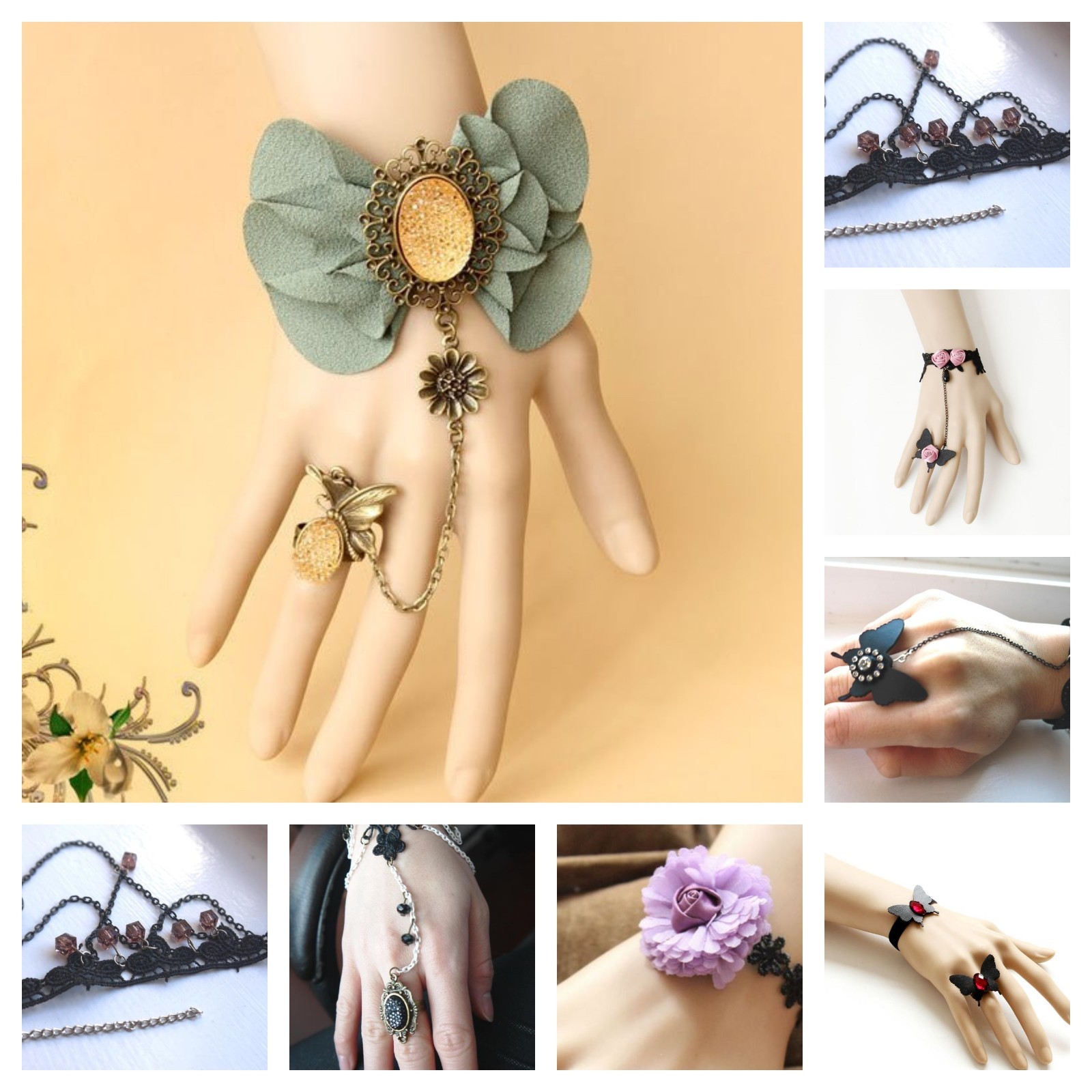 Black Bracelet Ring Wrist Wrap, Victorian Goth Adjustable Handmade Lace Jewelry