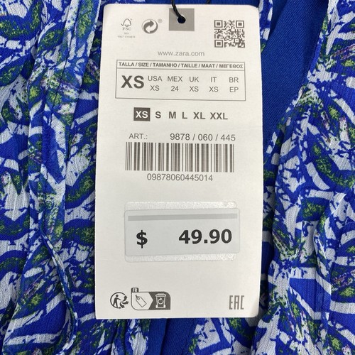 ZARA Midi Shirt Kleid Damen XS blau weiß grün Muster sexy vorne offen L/S - Bild 13 von 24