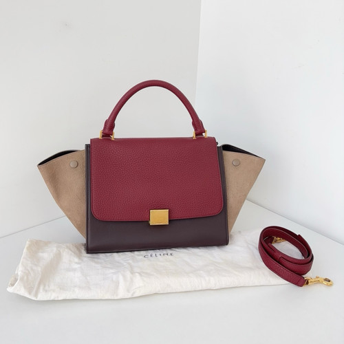 Celine Trapeze Calfskin Suede Tote Red Handbag Shoulder Bag Gold Hardware