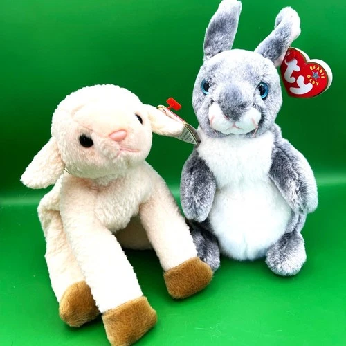 VTG TY Beanie Baby Lot of 2 Ewey Lamb Hopper Bunny Beanbag Plush Stuffed Animals