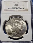1923 Peace Silver Dollar $1 NGC MS 63 Uncirculated Philadelphia Coin