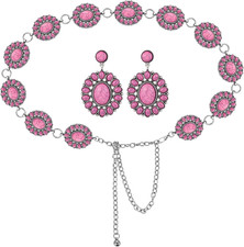 Turquoise Concho Chain Belt Metal Western Waist Belts for Women Boho 1.2 X 2 Inc