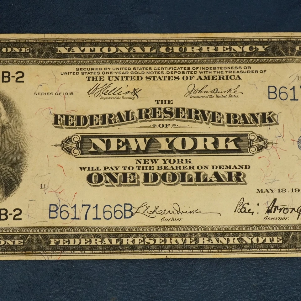 1918 $1 Federal Reserve Bank Note *New York*Large Note #B617166B - Image 3 of 4