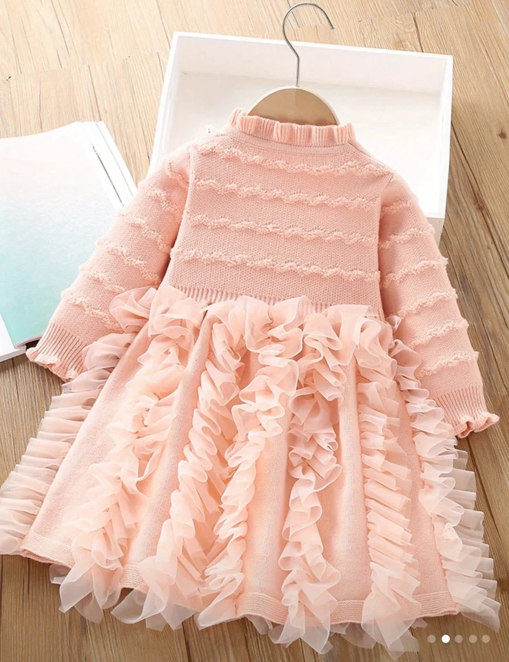 Vestido de princesa tejido para niña pequeña suéter con volantes tutú melocotón manga larga invierno 3T Foto 2 de 4