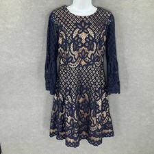 Eliza J Navy Blue Lace Dress Women's Size 6 Bell Sleeve Lined Romantic Party