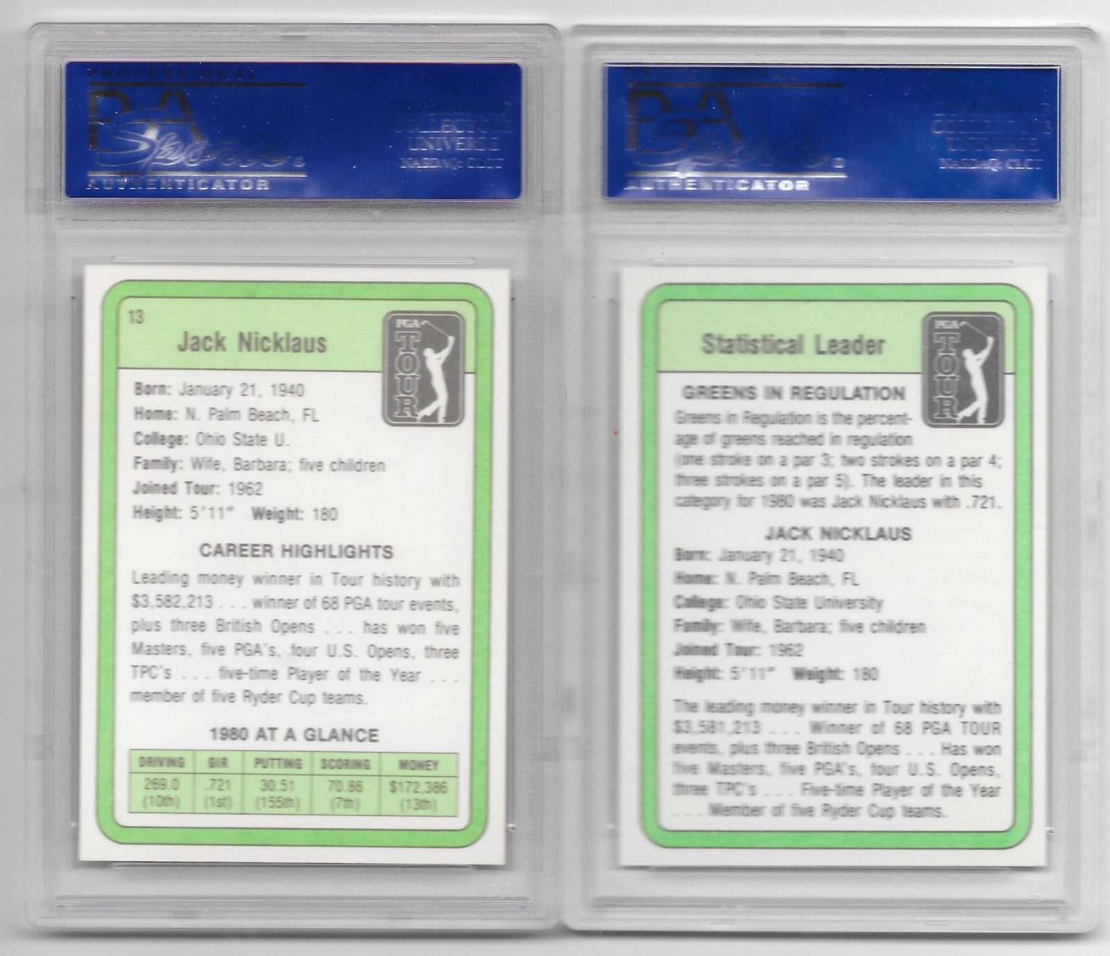 1981 DONRUSS GOLF JACK NICKLAUS RC & STAT LEADER BOTH GRADED PSA 9 MT & CENTERED view 2