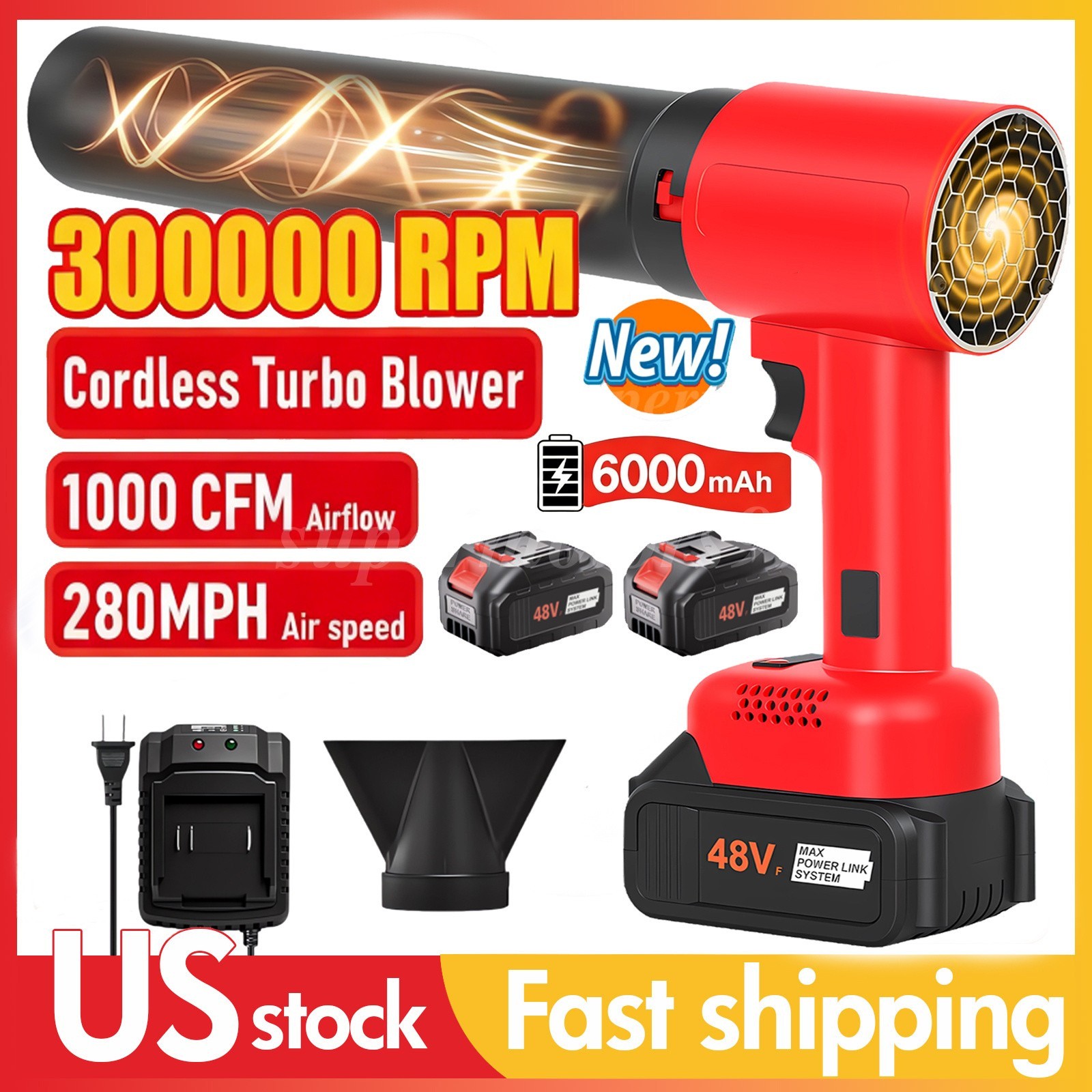 1000cfm/280mph & 4 Speed Levels Electric W/2batteries 6.0ah